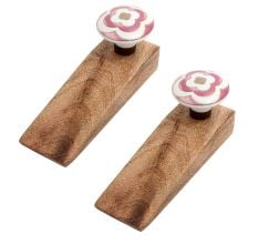 2 Pieces Pink Ceramic Floral Wooden Door Stopper
